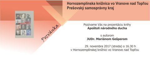 Pozvánka na prezentáciu knihy Apoštoli národného ducha- Marián Gešper 29.11.2017 o 16.30