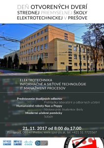 Pozvánka (plagát) - Deň otvorených dverí na Strednej priemyslnej škole elektrotechnickej v Prešove - 21.11.2017 od 8.00 do 17.00 h