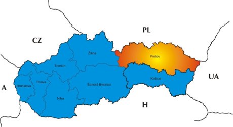 Mapa - poloha Prešovského kraja - krajské mesto Prešov