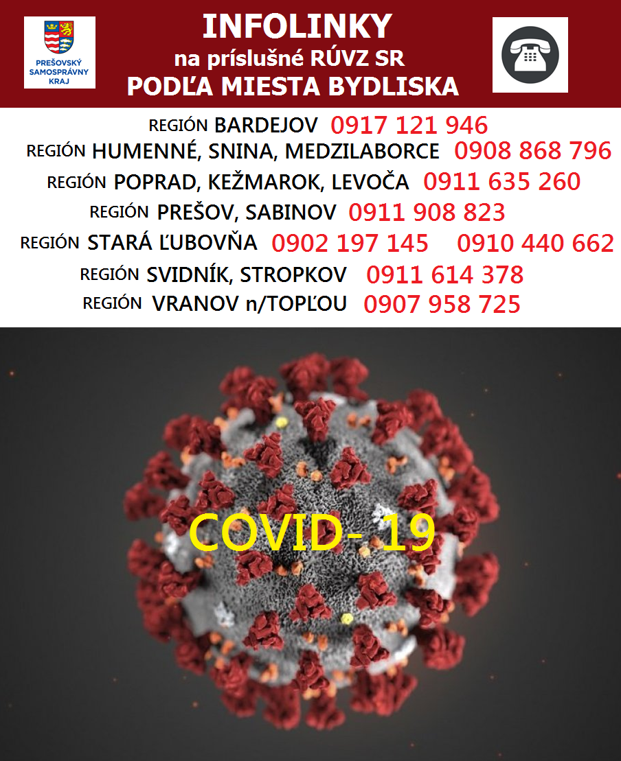 Infolinky Regionálnych úradov verejného zdravotníctva v Prešovskom samosprávnom kraji podľa miesta bydliska (viac informácií v stránke)