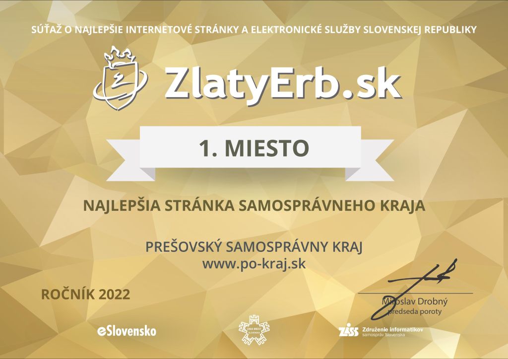 FOTO - 1. miesto v súťaži ZlatyErb.sk patrí Prešovskému samosprávnemu kraju za web po-kraj.sk