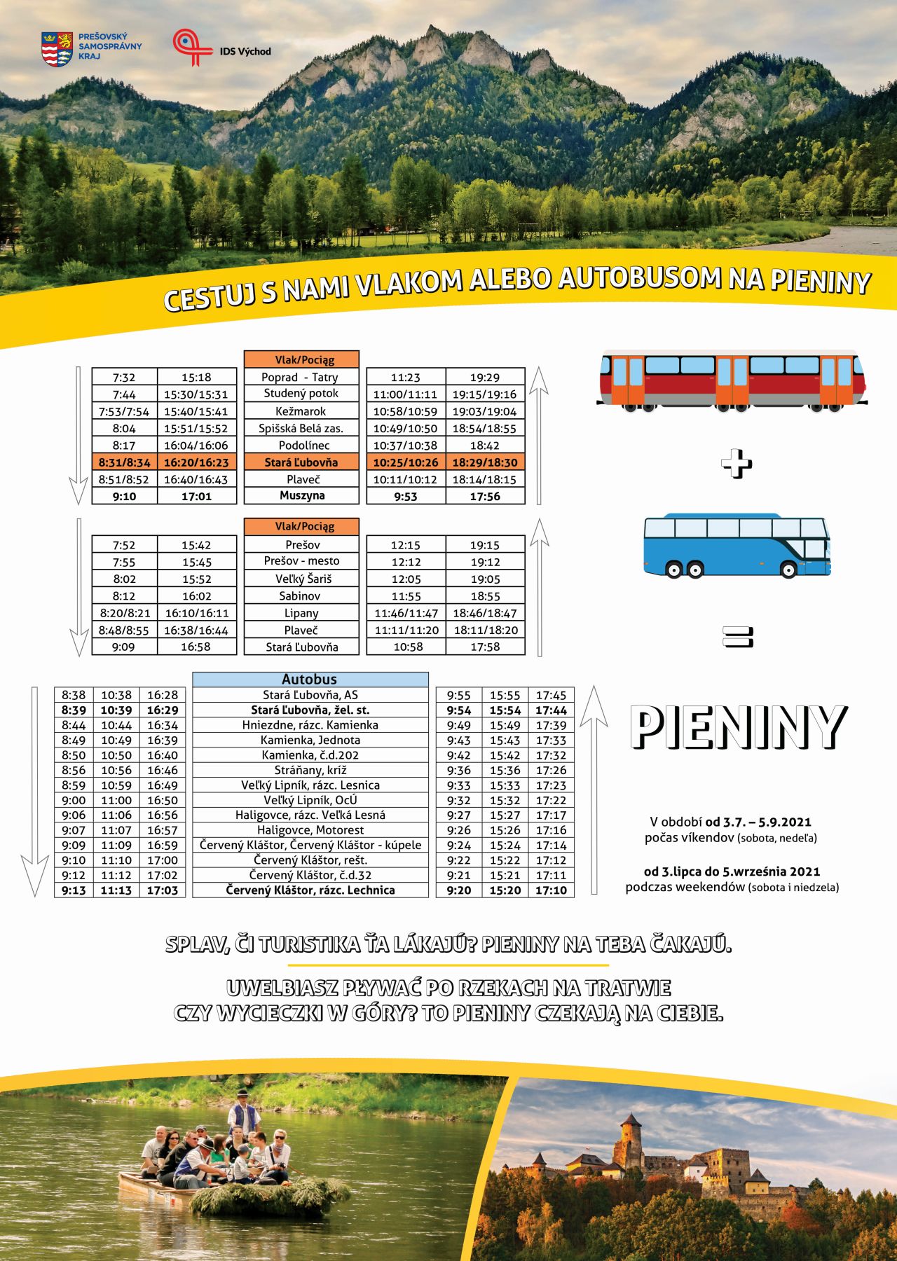 Cestuj s nami vlakom alebo autobusom na Pieniny od 3.7. do 5.9. počas víkendov
