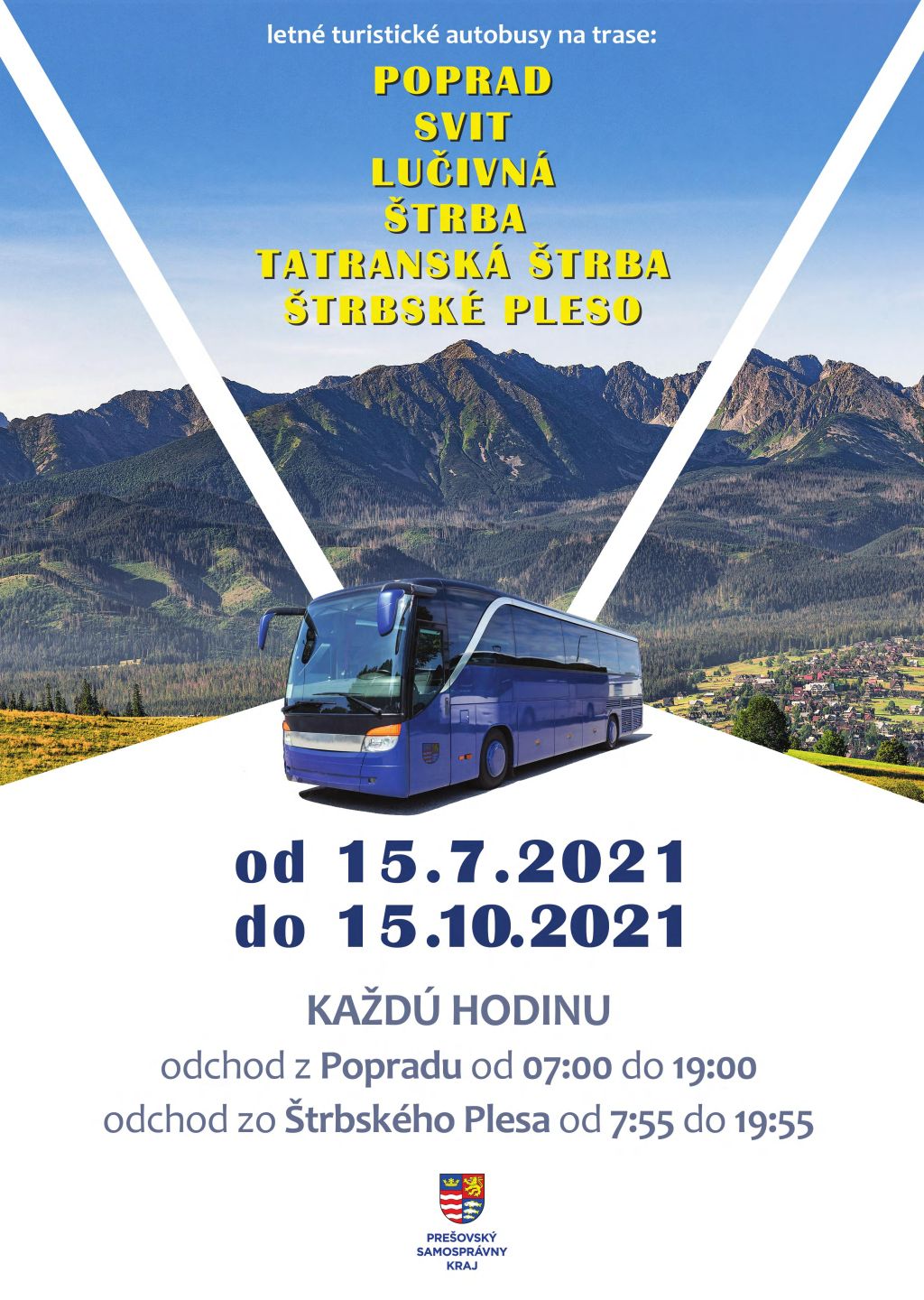 Letné turistické autobusy na trase Poprad - Svit - Lučivná - Štrba - Tatranská Štrba - Štrbské Pleso do 15.10. každú hodinu