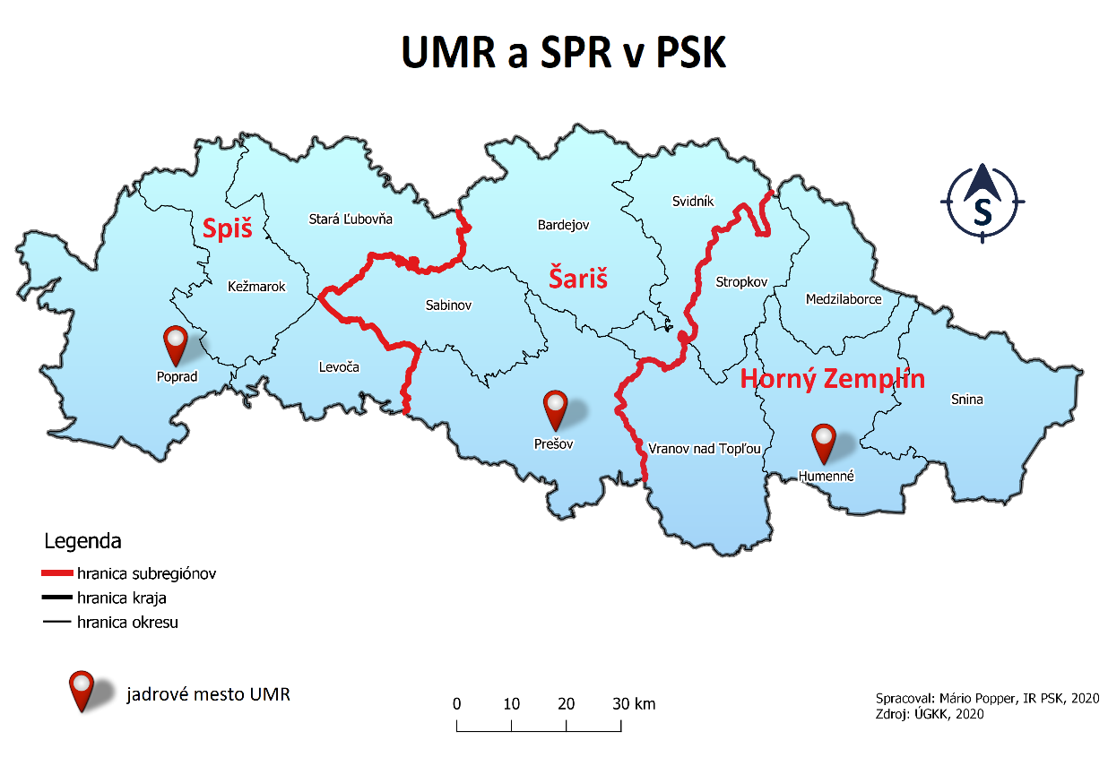 Mapa Územia udržateľného mestského rozvoja (UMR) a strategicko-plánovacie regióny (SPR) v PSK ( UMR a SPR v PSK)