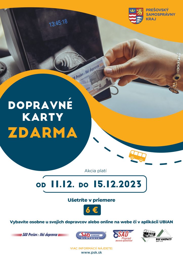 Dopravné karty zdarma od 11. do 15. decembra. Vybavíte osobne u svojich dopravcov alebo na webe či v aplikácii Ubian.