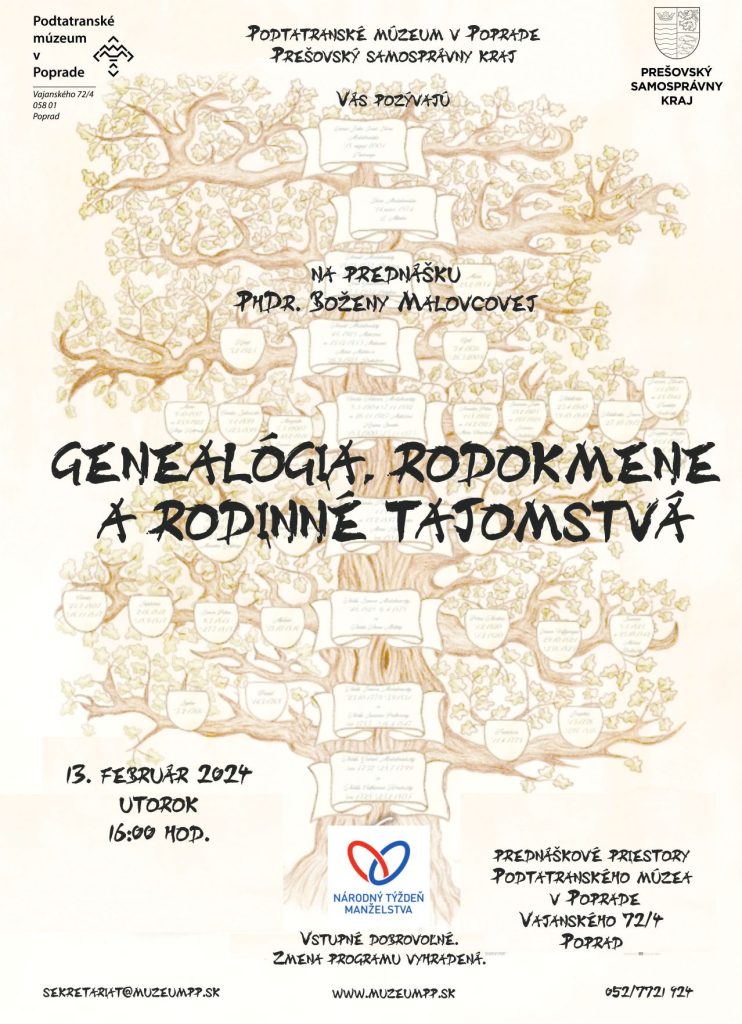 Genealógia, rodokmene a rodinné tajomstvá - prednáška PhDr. Boženy Malovcovej - Podtatranské múzeum v Poprade - 13.2.2024