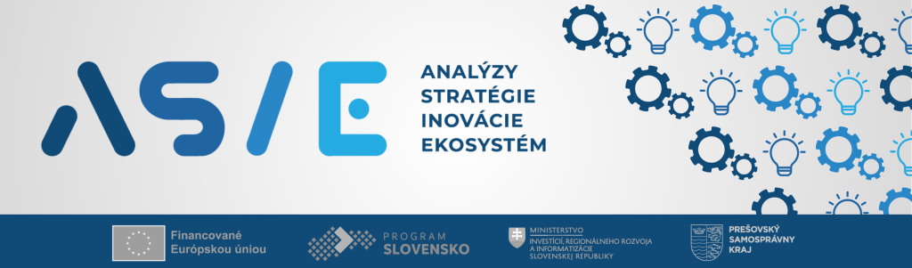 Banner projektu "Analyticko-strategická jednotka podpory inovačného ekosystému". V spodnej časti bannera sú umiestnené logá Európskej únie, Programu Slovensko, Ministerstva investícií, regionálneho rozvoja a informatizácie SR,  a Prešovského samosprávneho kraja.
