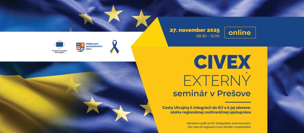 Baner semináru CIVEX, ktorý sa koná v Prešove dňa 27. novembra 2025 od 8:30 d 12:30. Po kliknutí na baner je možné sledovať podujatie online