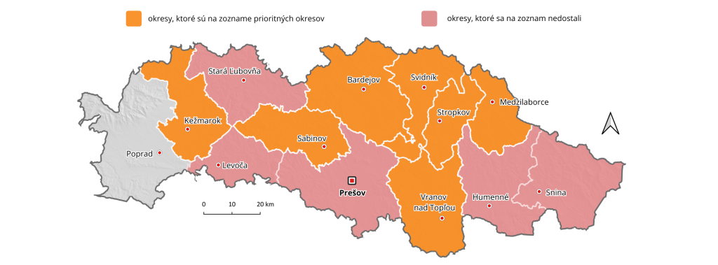 Mapa prioritných okresov v Prešovskom kraji.