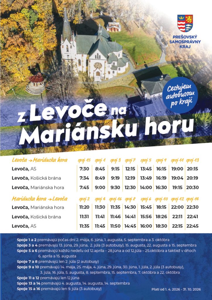 Spoje na MAriánsku horu z Levoče budú premávať od 6. apríla do 25. októbra