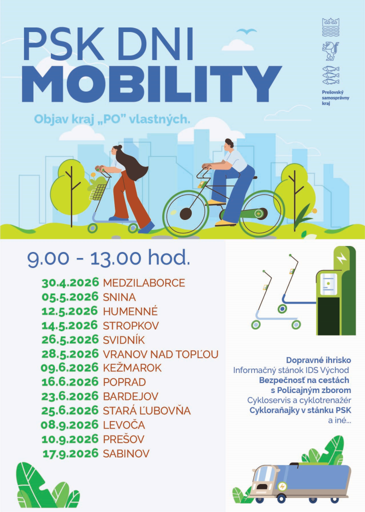 PSK Dni mobility v jednotlivých okresoch - 30.4.2026 Medzilaborce, 
5.5.2026 Snina, 13.5.2026 Humenné, 
14.5.2026 Stropkov, 26.5.2026 Svidník , 28.5.2026 Vranov nad Topľou, 9.6.2026 Kežmarok, 16.6.2026 Poprad, 23.6.2026 Bardejov, 5.6.2026 Stará Ľubovňa, 8.9.2026 Levoča, 
10.9.2026 Prešov, 17.9.2026 Sabinov