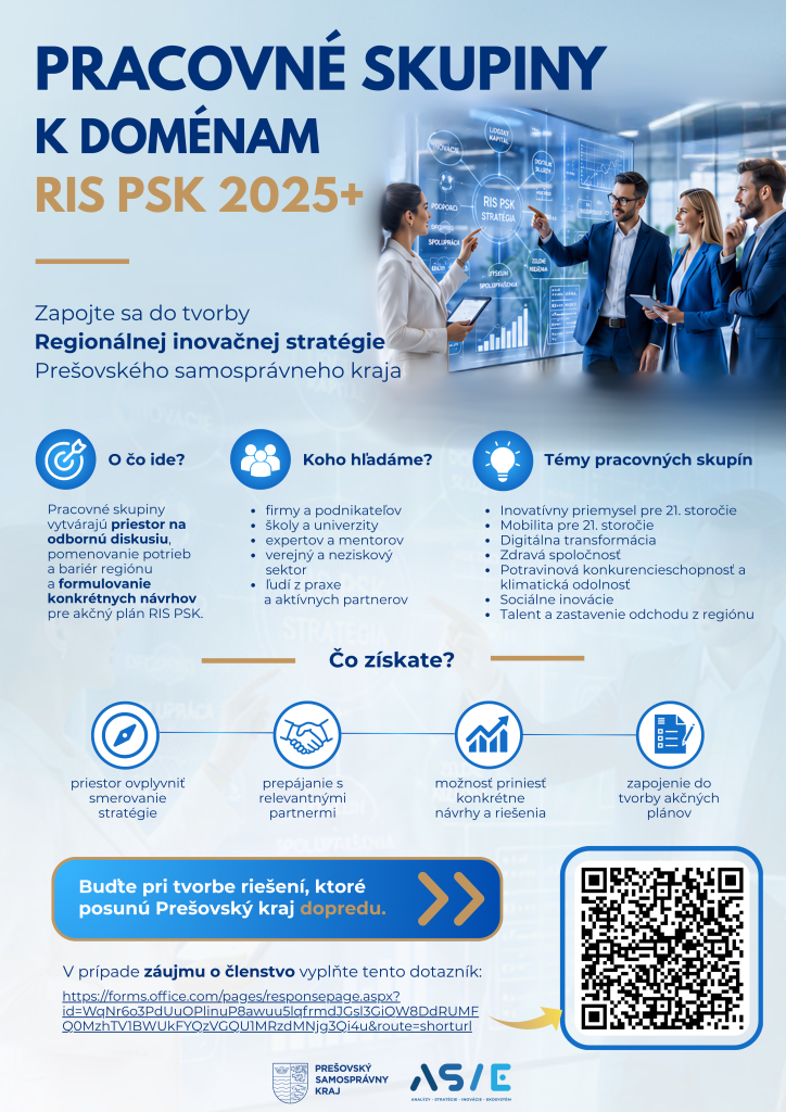 Plagát s výzvou na zapojenie sa do pracovných skupín k príprave Regionálnej inovačnej stratégie PSK 2025+