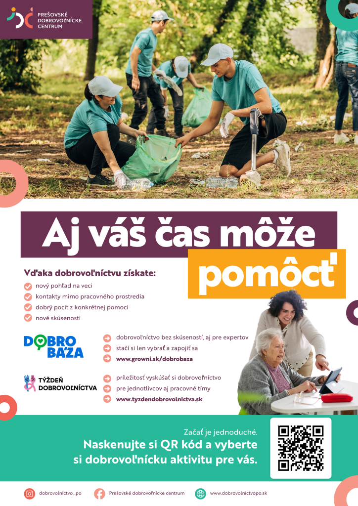 Plagát Prešovského dobrovoľníckeho centra k Týždňu dobrovoľníctva 2026, ktorý sa uskutoční v termíne 18. – 24. mája 2026.
